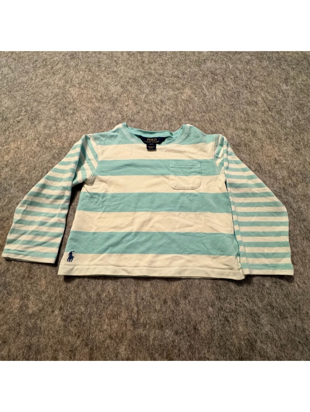 Polo Ralph Lauren Aqua White Striped Pocket 100%Cotton Long Sleeve T Preppy 3T